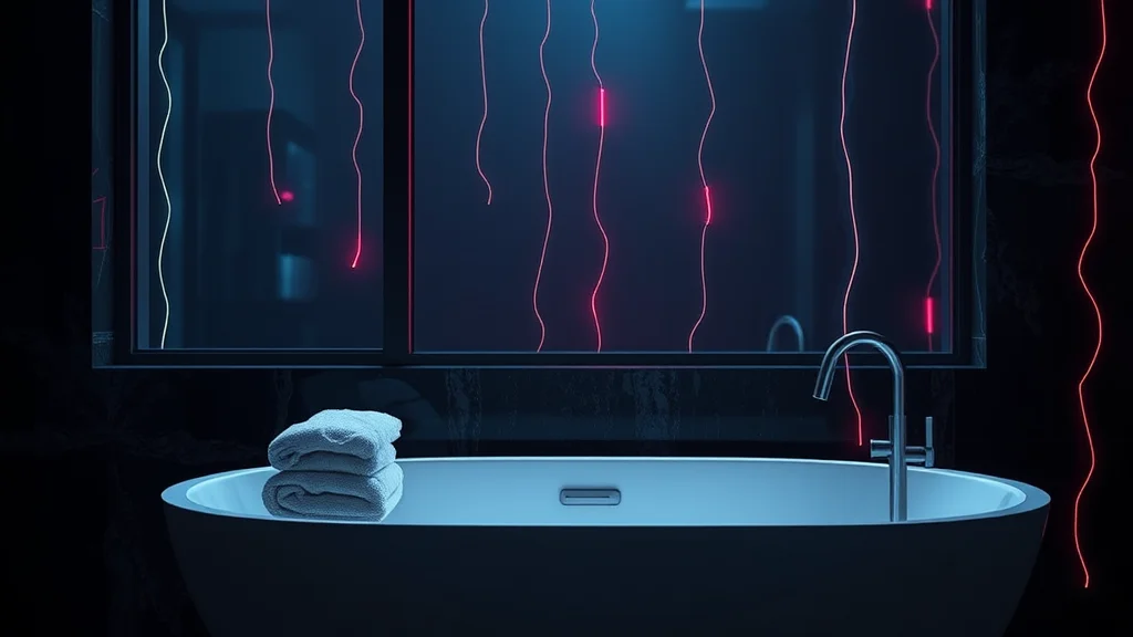 A white tub by a window with folded towels, neon nodes on dark