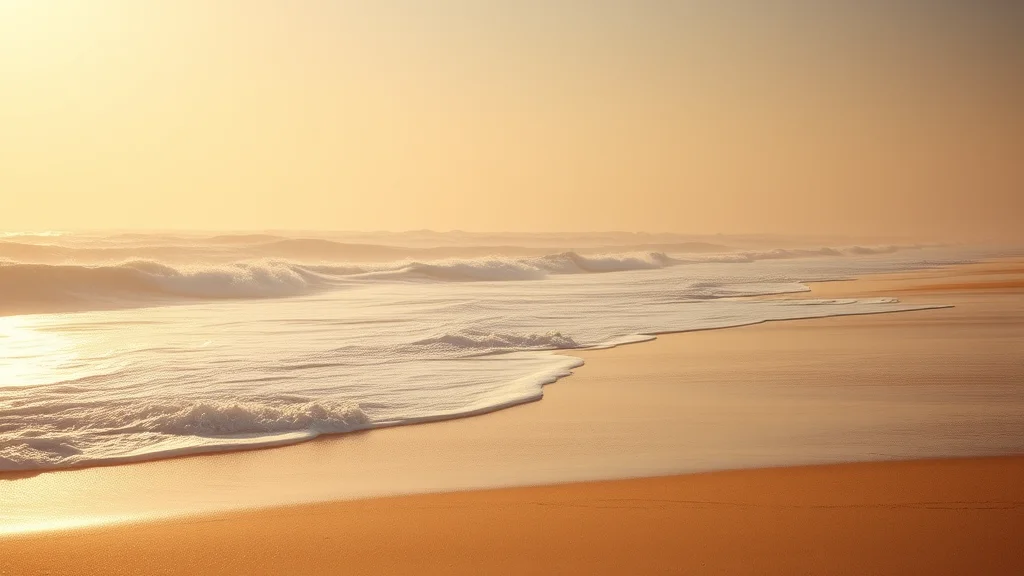An empty sunlit beach shoreline with foam waves, abstract concept