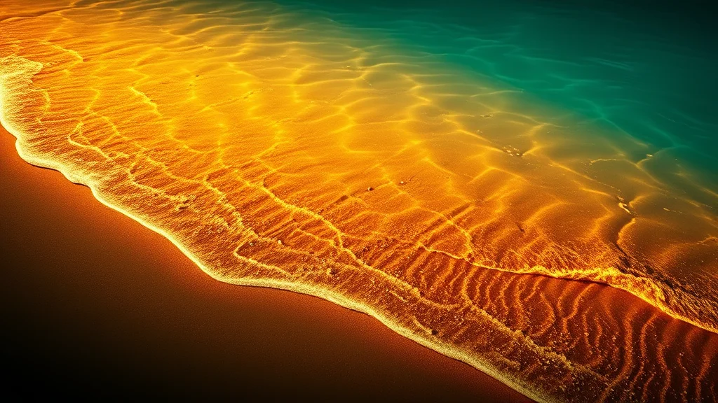 Golden sand ripples meeting turquoise water, glowing on dark