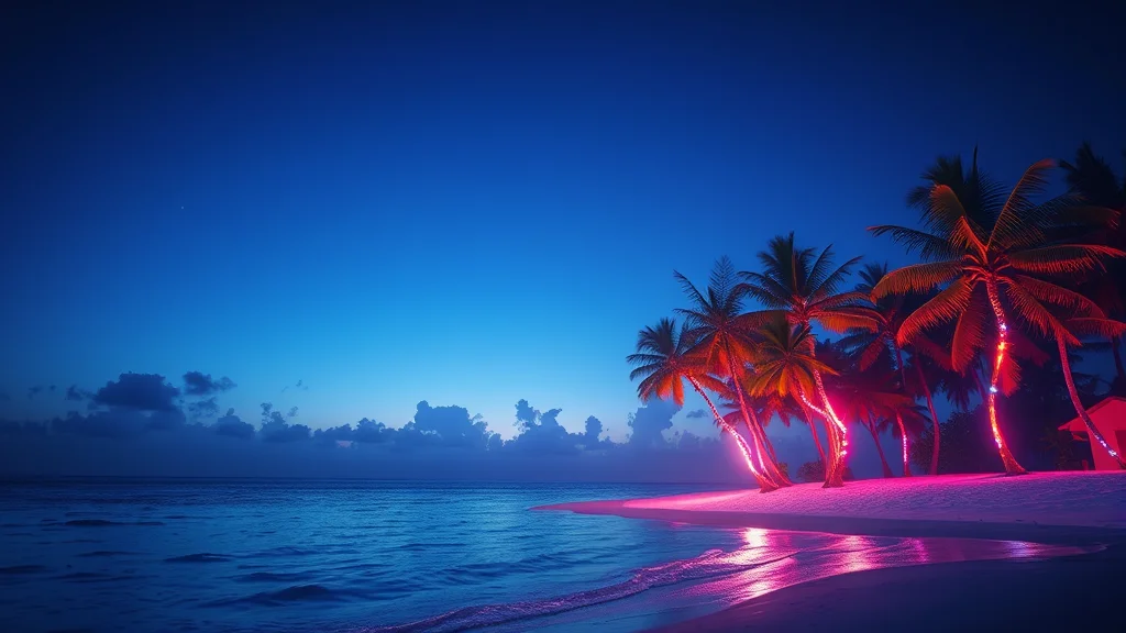 A bright tropical shore with palms and clear sky, neon nodes on dark