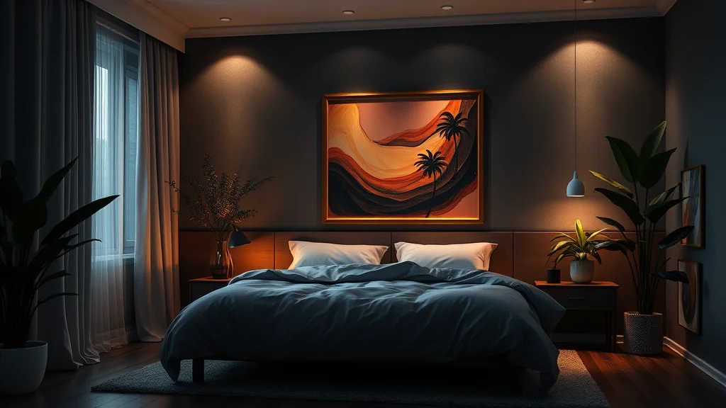 A staged bedroom interior with plants and framed art, glowing on dark