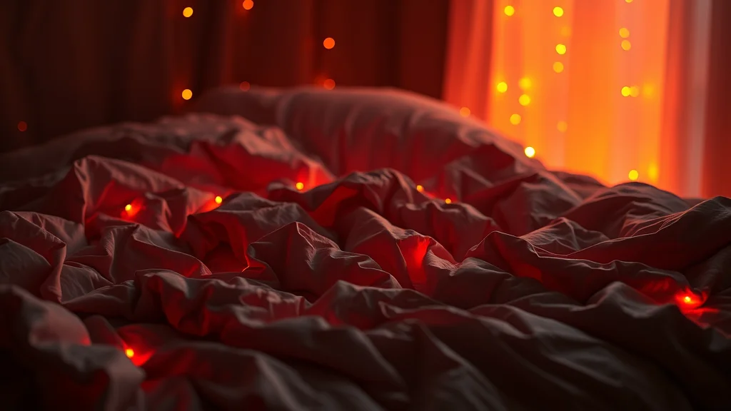 Rumpled bed linens lit by warm evening light, neon nodes on dark