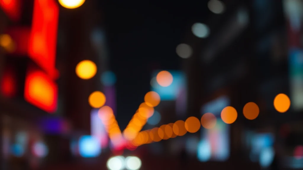 Warm out of focus city lights as bokeh circles, neon nodes on dark