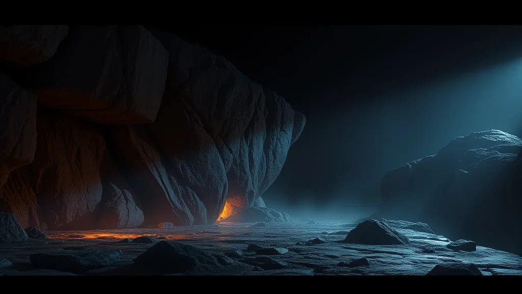 A rough block in to polished concept art progression of a scene, glowing on dark