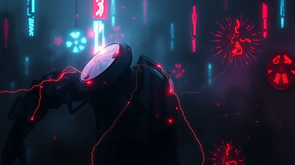 A concept art value study with loose brushwork, neon nodes on dark