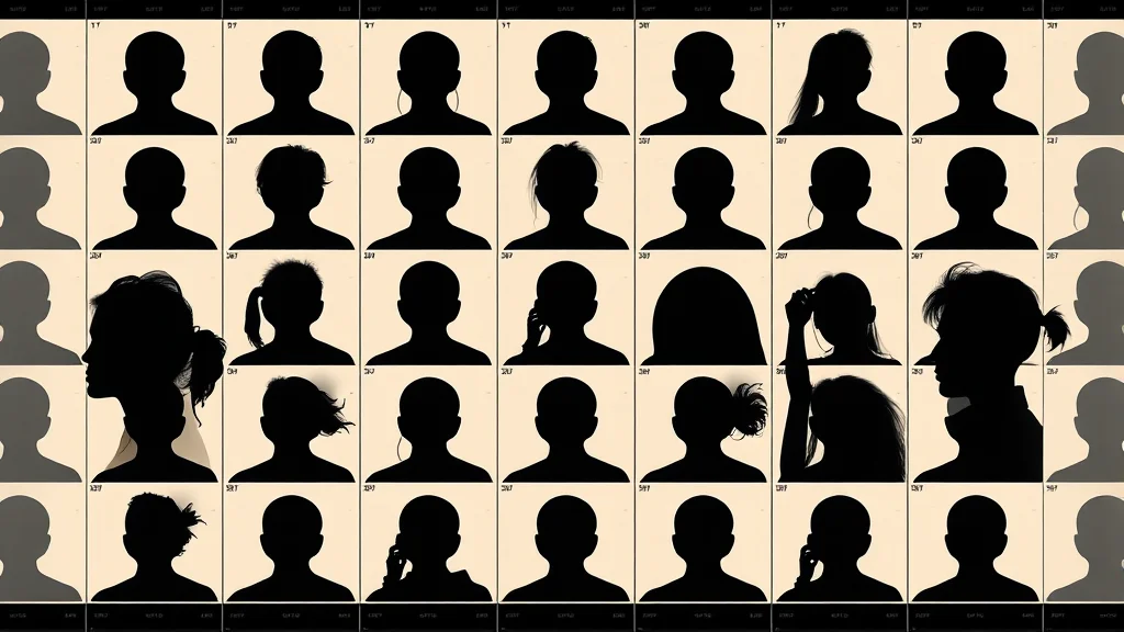 A contact sheet grid of faceless portrait silhouettes, abstract concept