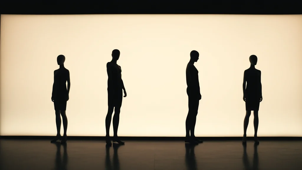 One faceless mannequin silhouette repeated across a soft studio strip, on dark