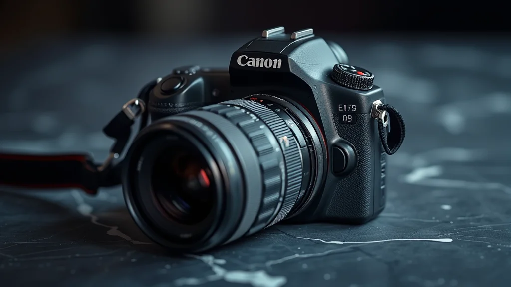 A DSLR camera body and prime lens flatlay, sharp photo realism, abstract concept