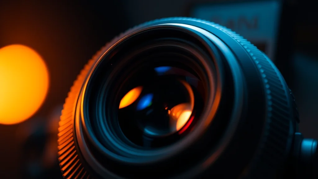 A macro of a camera lens with crisp detail and shallow focus, glowing on dark