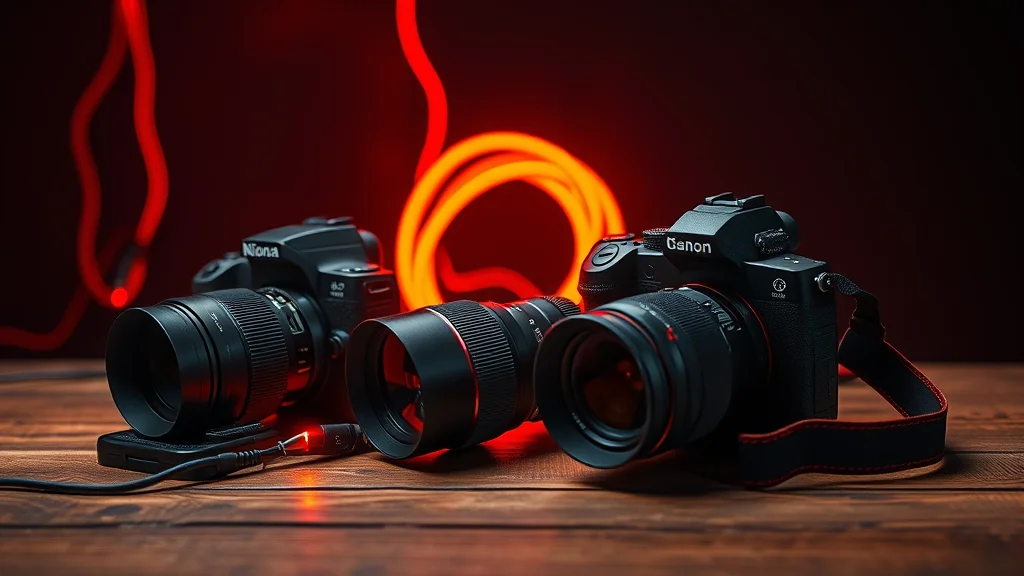 A photography gear still life on a wood table, tack sharp, neon nodes on dark