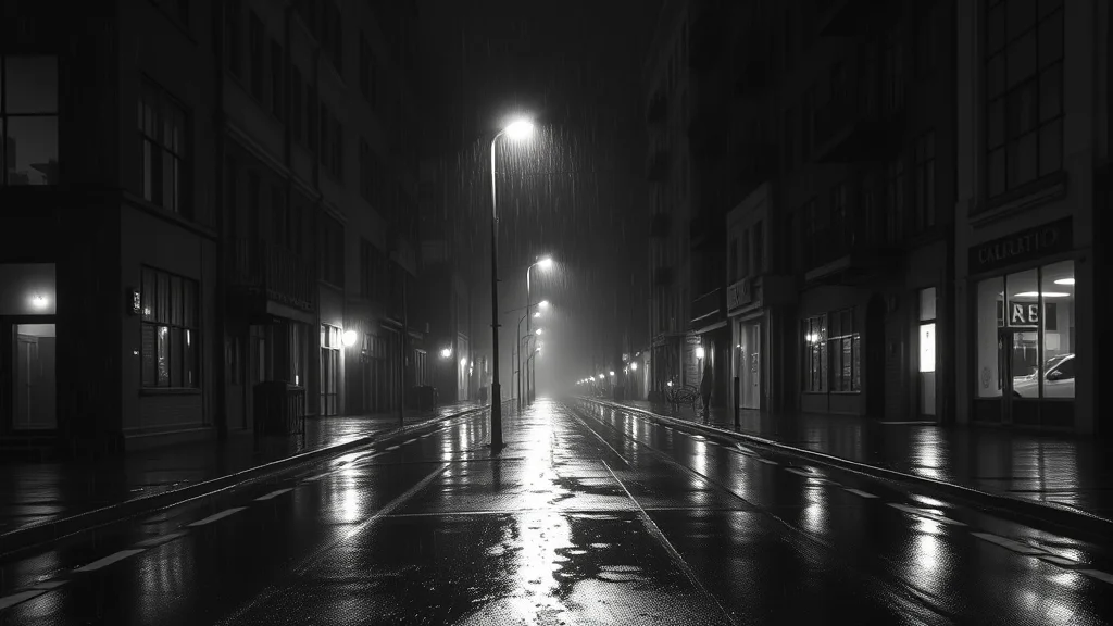 A rain slick empty noir street under a single street lamp, monochrome glowing on dark