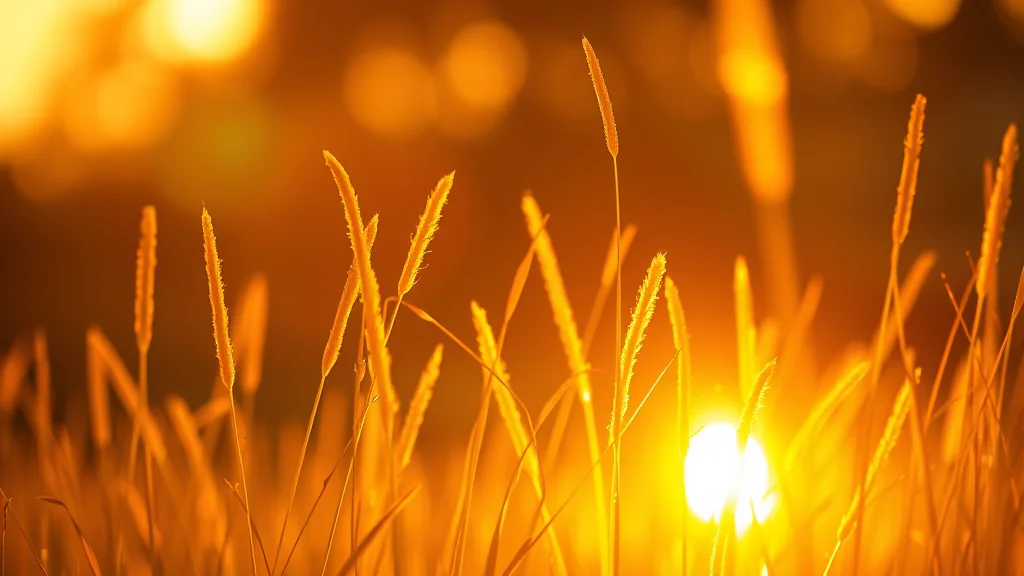 Warm golden hour sunlight through grass with lens flare, abstract concept