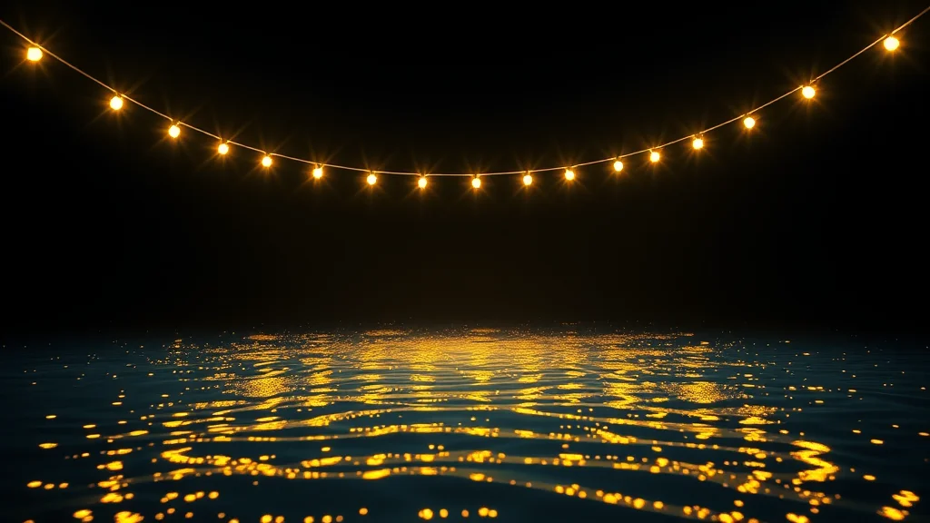 A glowing water surface under string lights, glowing on dark
