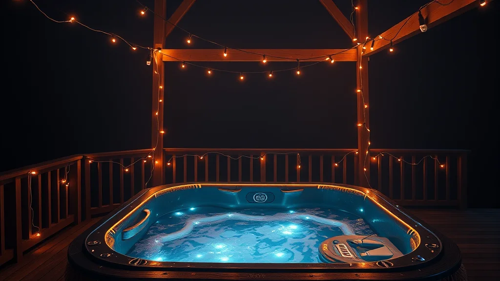 A wooden deck hot tub with fairy lights, neon nodes on dark