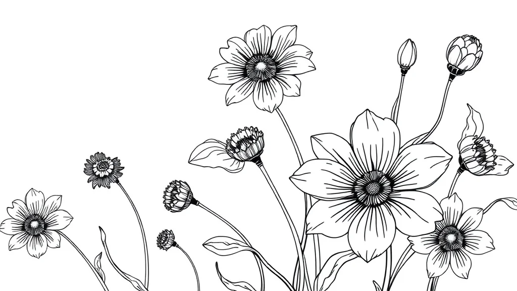 Clean black ink lineart of flowers on white, cross hatching, abstract concept