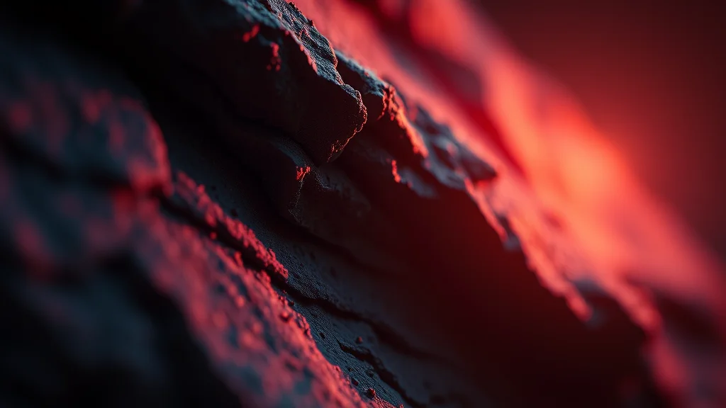 An extreme detail focus stacked texture study, glowing on dark