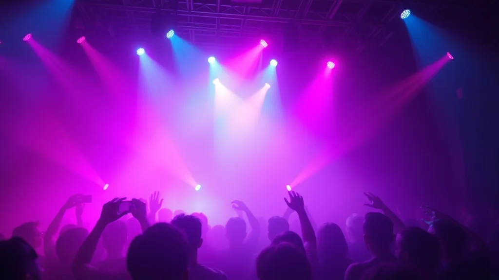 Magenta and cyan club spotlights through fog, glowing on dark