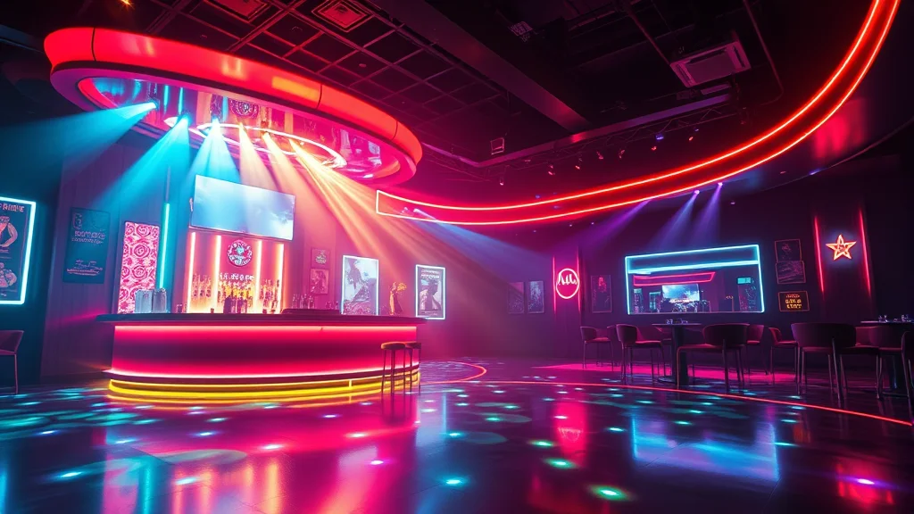 A lit bar and dance floor in colored light, neon nodes on dark