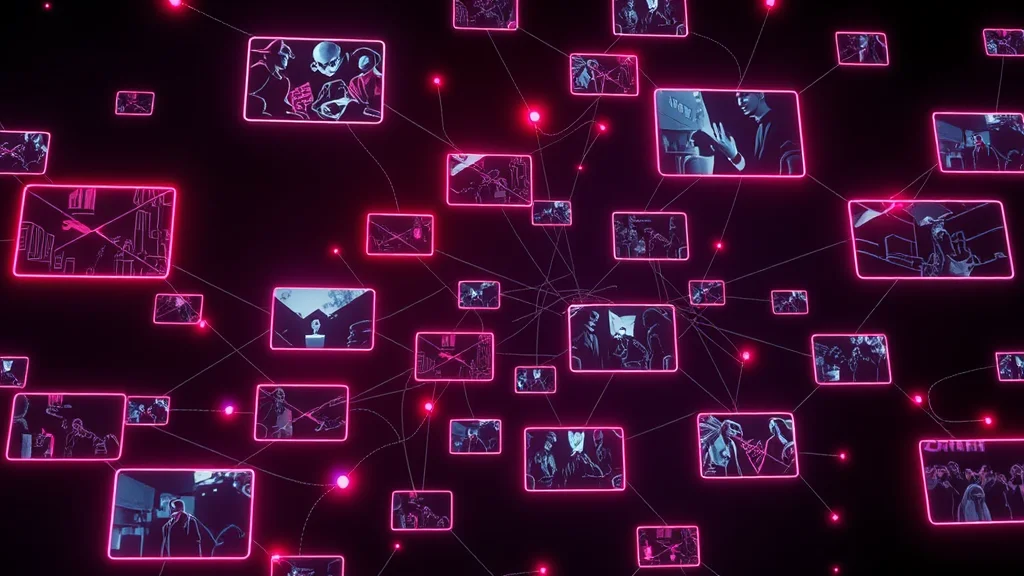 A branching story flow of connected scene cards, neon nodes on dark