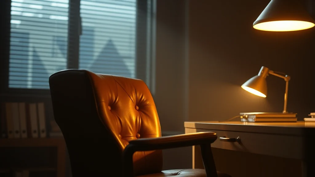 A leather chair and desk in bright office light, glowing on dark