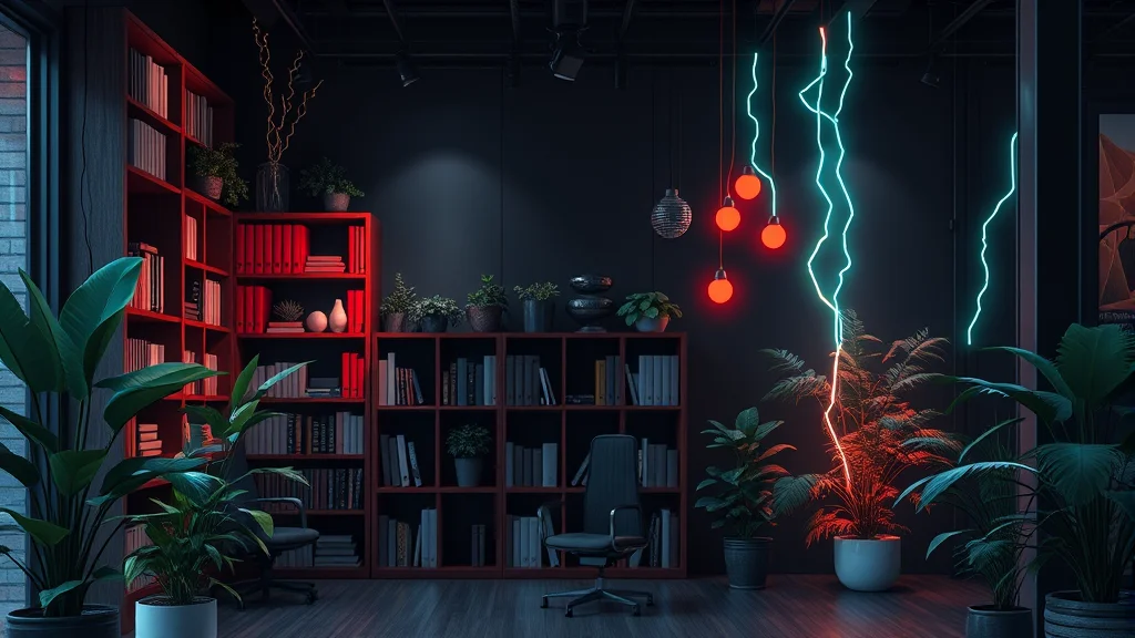An office interior with bookshelf and plants, neon nodes on dark