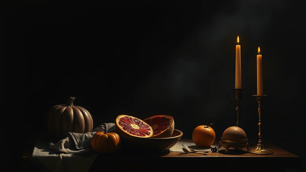 A classical still life in oil with dramatic chiaroscuro lighting, glowing on dark