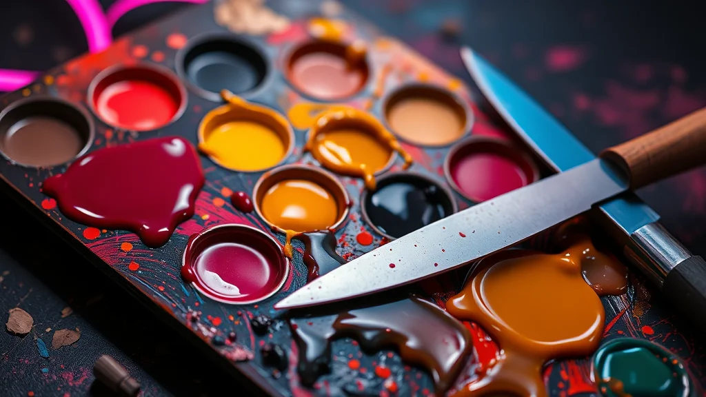 A painter palette with glossy oil color mixes and a knife, neon nodes on dark