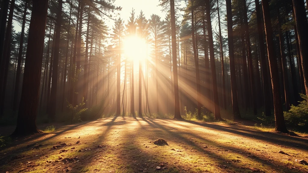 An empty sunlit forest clearing with god rays, abstract concept
