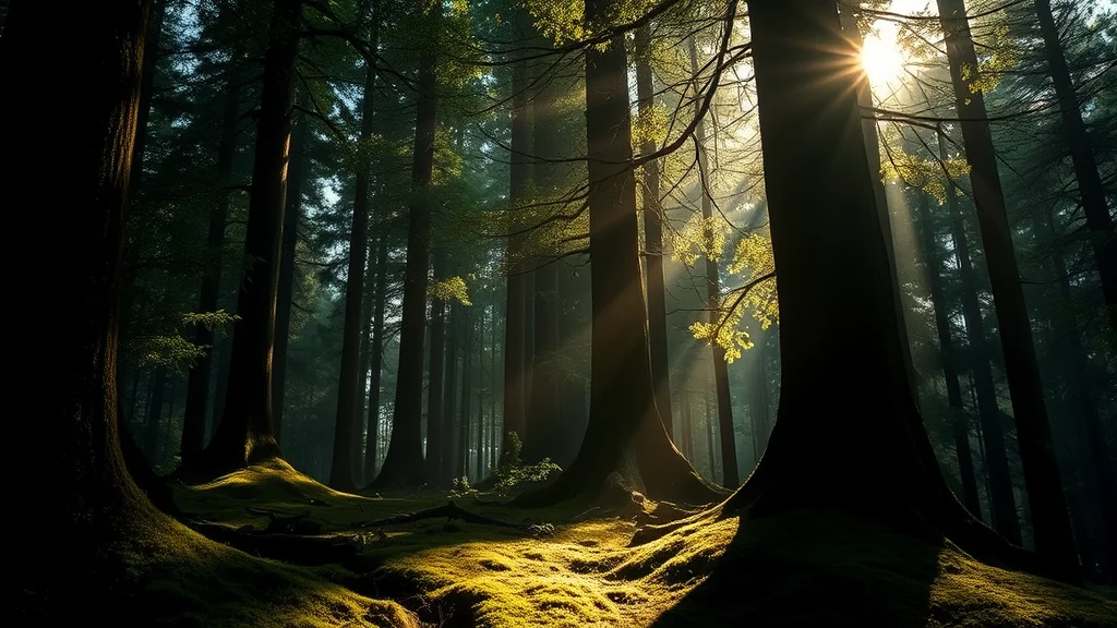 Dappled light through tall trees on moss, glowing on dark