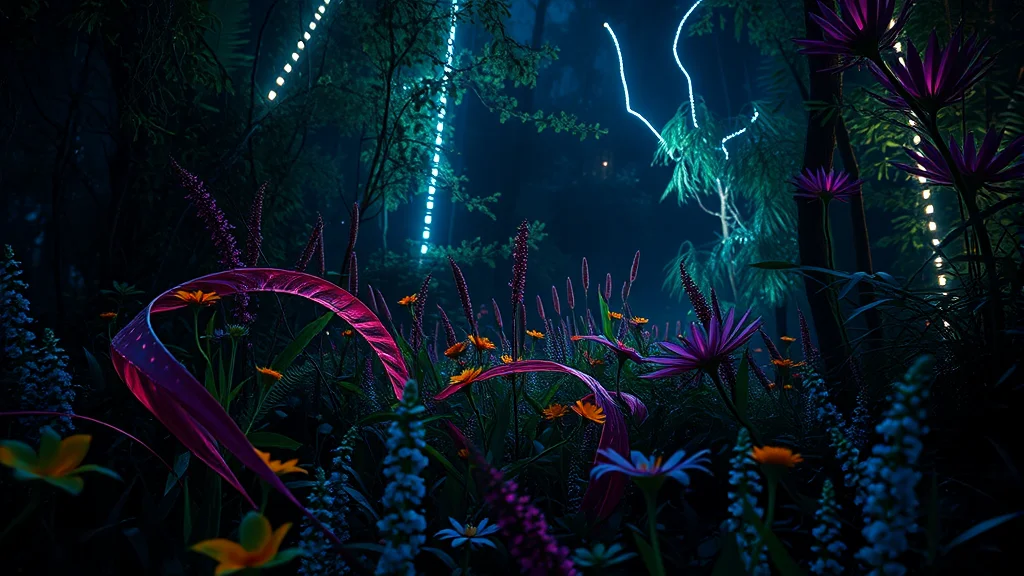 Wildflowers and lush foliage depth in a clearing, neon nodes on dark