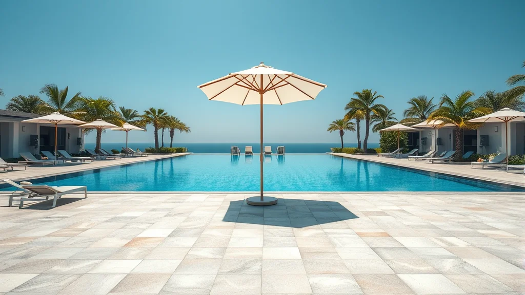 An empty resort pool deck with loungers and parasol, abstract concept