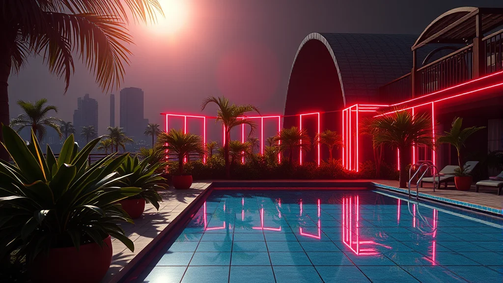 A tiled pool deck with tropical plants in bright sun, neon nodes on dark