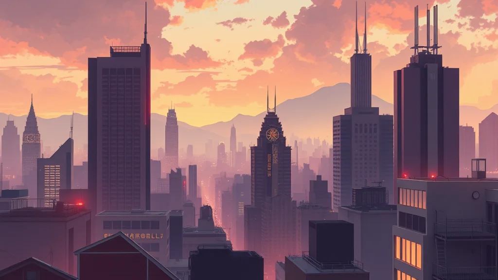 A retro 80s anime cel painted cityscape background, muted colors, abstract concept