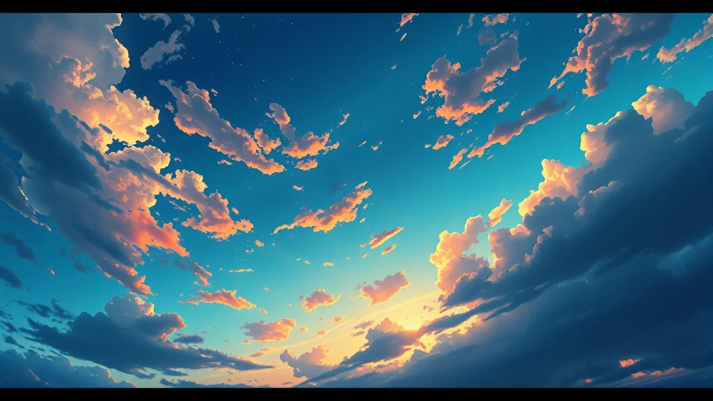 A hand painted anime sky with film grain and analog color, glowing on dark