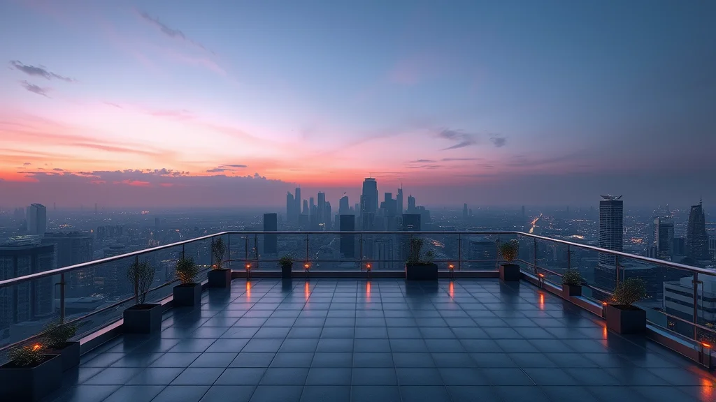 An empty rooftop terrace over a dusk skyline, abstract concept