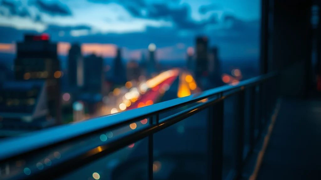 A glass railing with bokeh city lights at dusk, glowing on dark