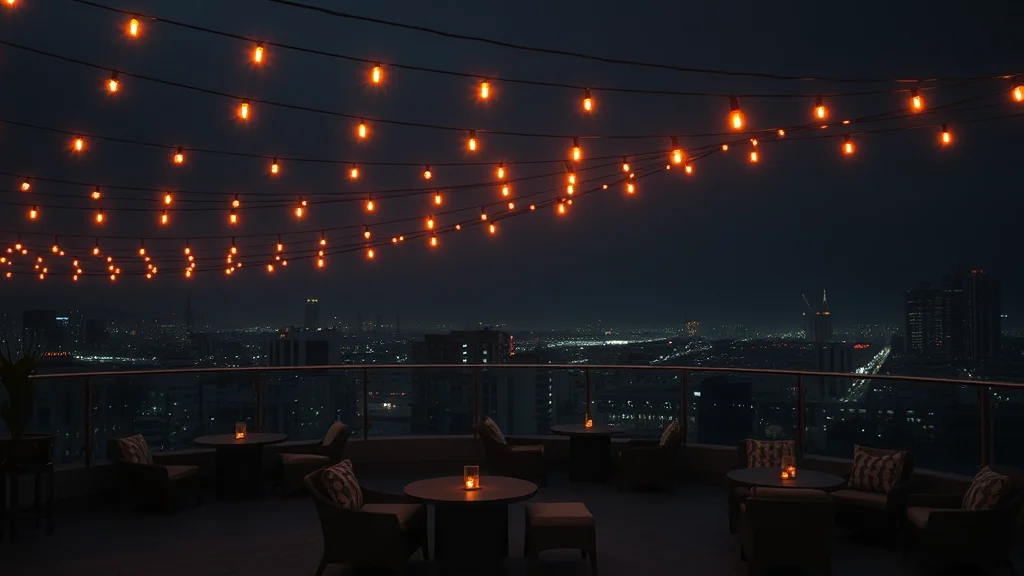 Rooftop lounge seating under string lights, neon nodes on dark