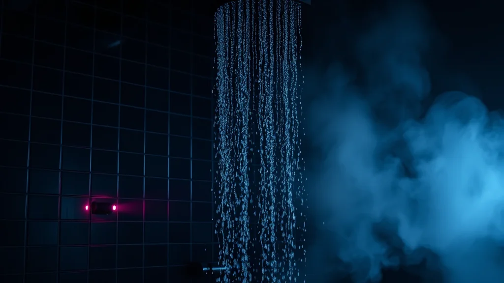 Rising steam and mist in a tiled shower, neon nodes on dark