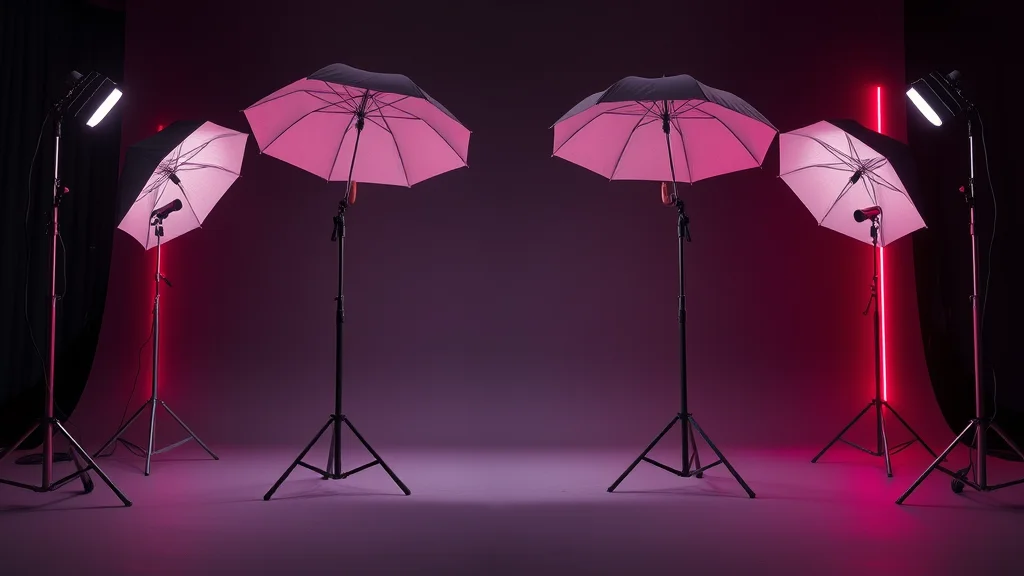 Studio light stands and umbrellas on seamless gray, neon nodes on dark