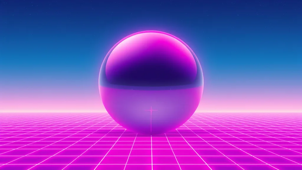 A pastel neon grid horizon with a chrome sphere, 80s vaporwave, abstract concept