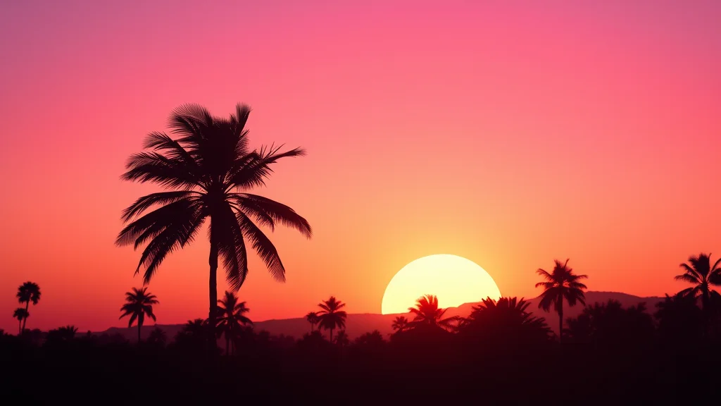 A pastel gradient sunset with palm silhouettes and chrome, neon nodes on dark