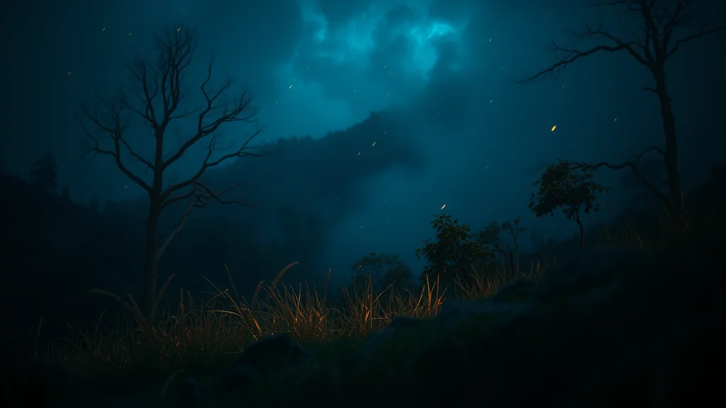 A sweeping environmental full scene in deep focus, glowing on dark