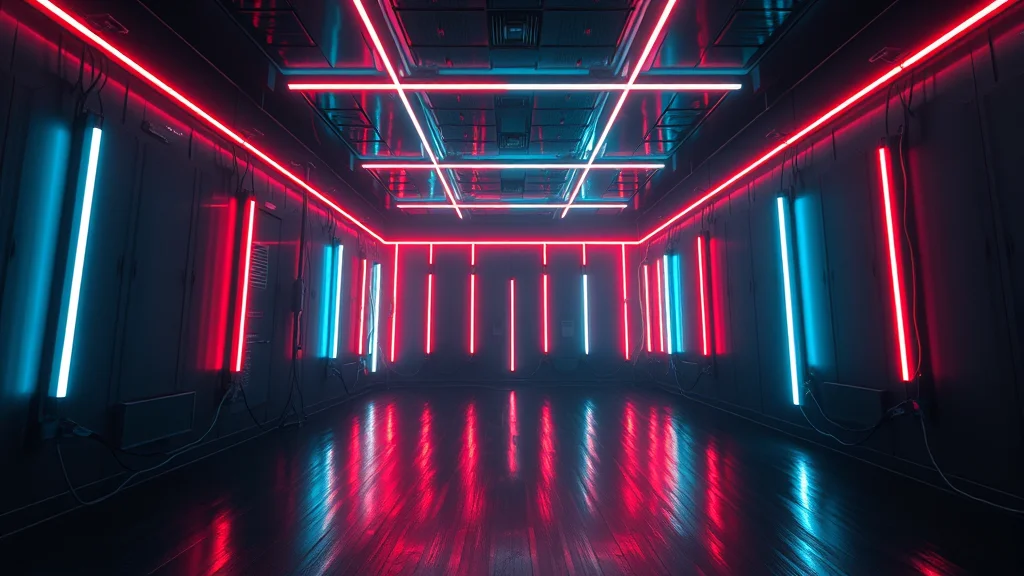 A wide lens perspective study of a room, neon nodes on dark