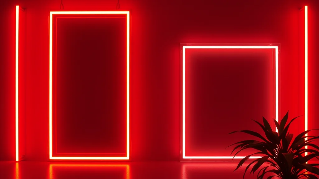 A polished warm form beside soft frames, neon on dark