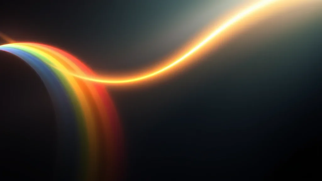 Abstract rainbow ribbon of light unfurling on dark