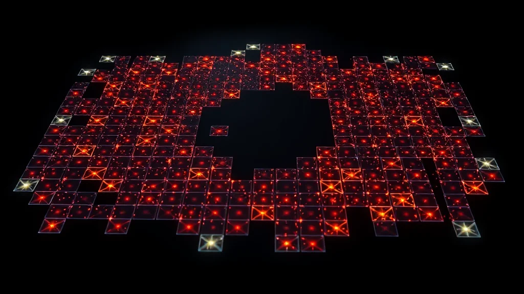 Abstract small glowing tiles assembling into one form on dark, editorial concept
