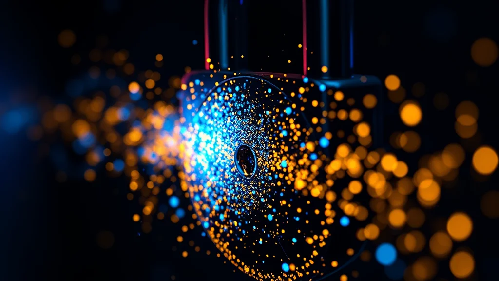 Blue and gold particles released from a lock, neon on dark