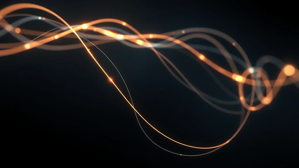 Abstract luminous thread unspooling in steady turns on dark, editorial concept