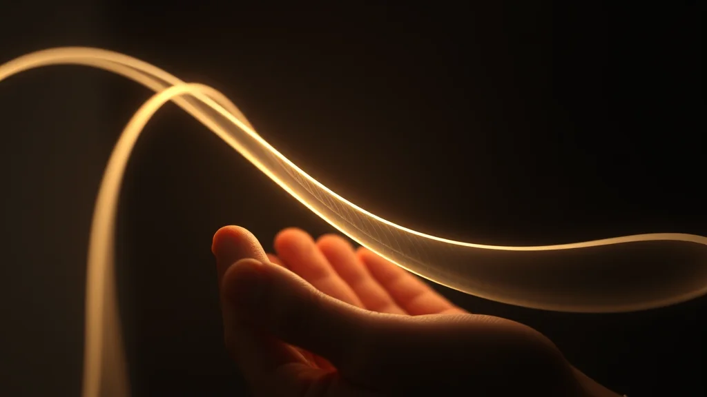 Abstract ribbon of light pulses curving into a held archive on dark, editorial concept