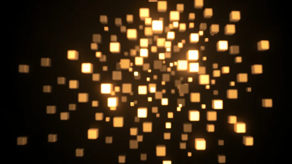 Abstract cluster of many small light blocks of differing brightness on dark, editorial concept
